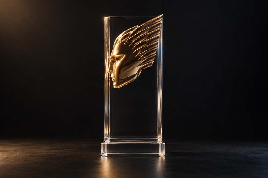 Illustration of a glass television award with a golden winged profile.