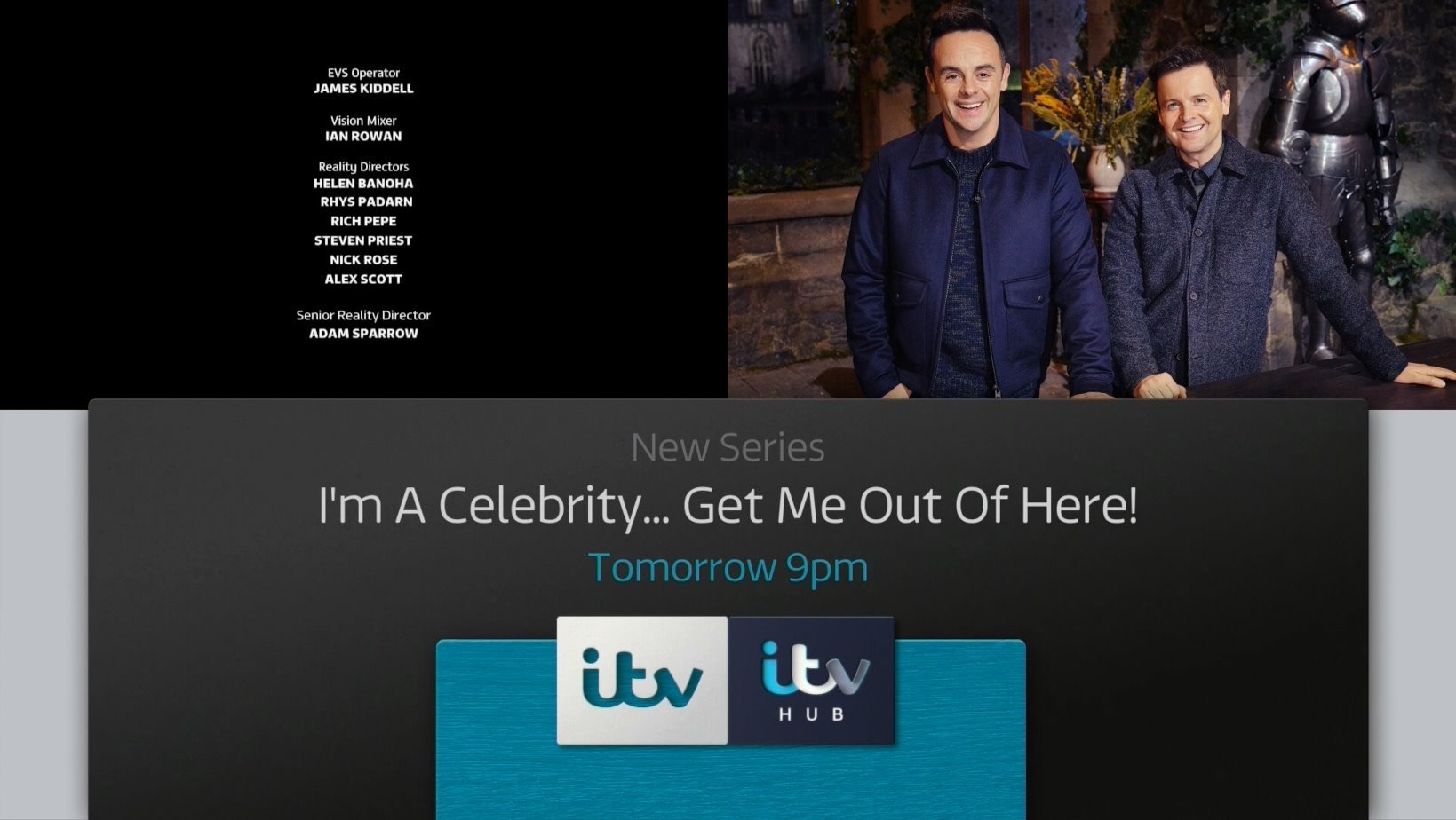 Ant and Dec at the Welsh castle alongside I’m A Celebrity credits naming Alex Scott as Reality Director.